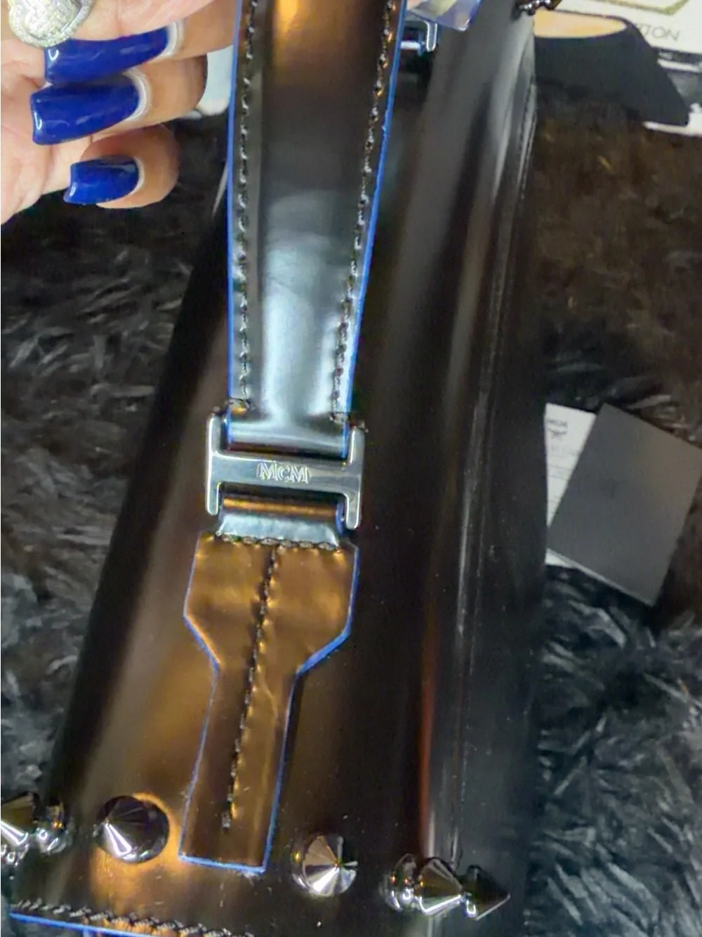 MCM Calf Skin Black Leather Top-Handle Satchel with Blue-Trim